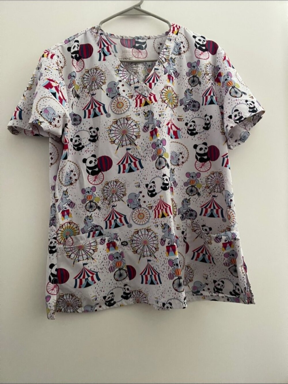 Carnival Animal Print Scrub Top - White with Multicolor Accents
